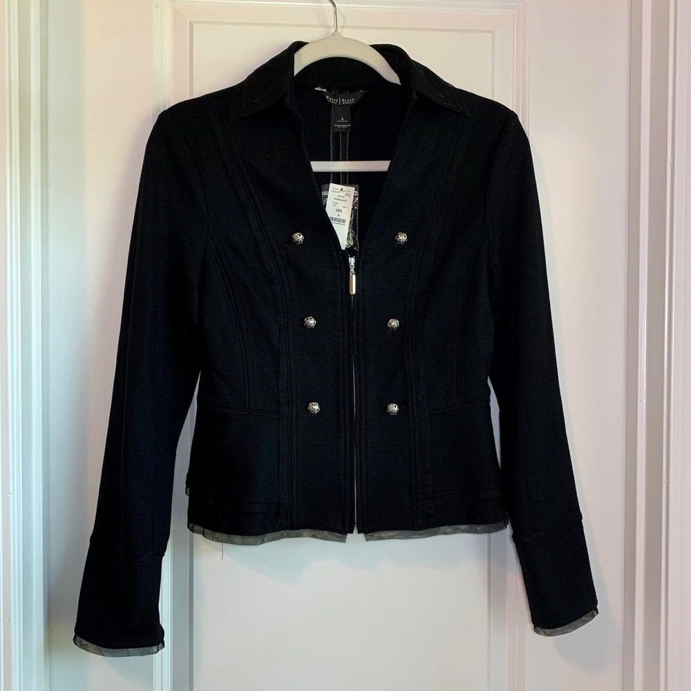WHBM Military Peplum Jacket Mesh Trim Black Size 4 New $128